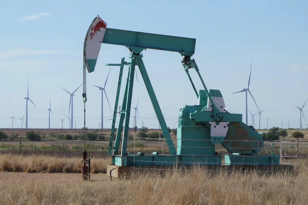 Oil pumpjack and wind turbines in the Texas Panhandle