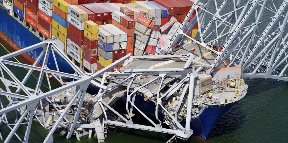Aerial view of the Dali, which crashed into the Francis Scott Key Bridge, causing it to collapse.
