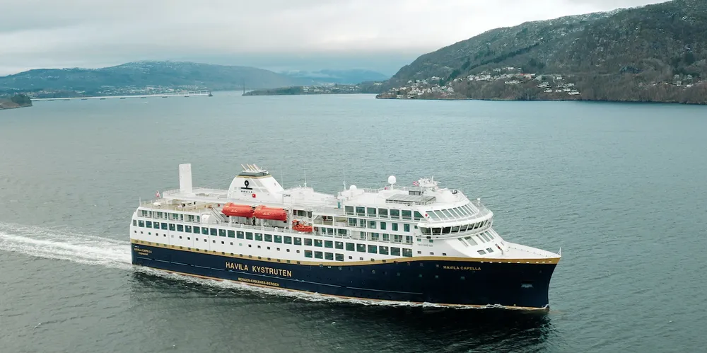Havila Kystruten's 15,500-gt cruise ferry Havila Capella (built 2021) is one of four sister ships that were to have been financed through Russian lessor GTLK.