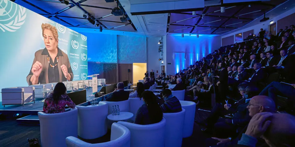 Patricia Espinosa, executive secretary of the United Nations Framework Convention on Climate Change, addresses the shipping industry during COP26.
