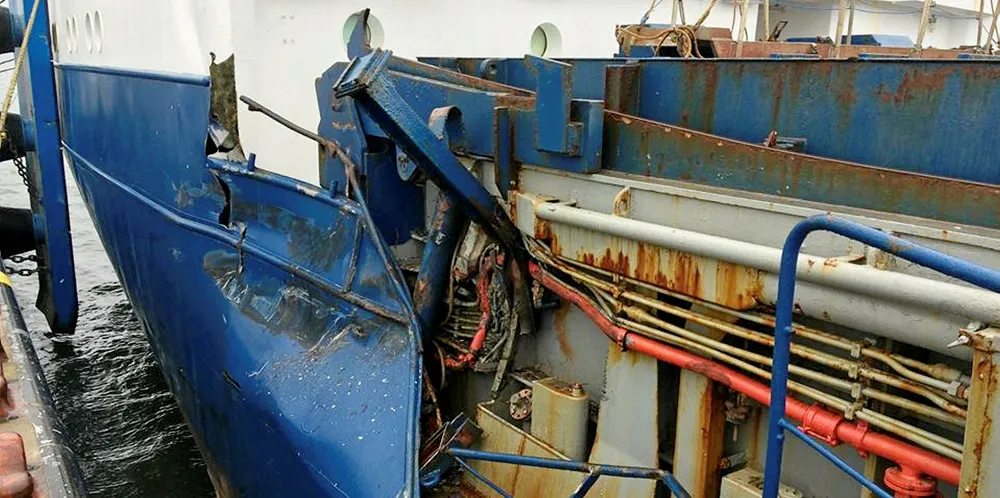 The damage to the Raba cargo vessel after the collision with World Bora.