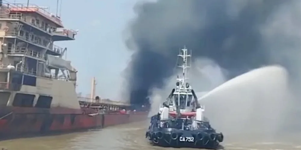 The Banglar Jyoti on fire off Bangladesh.