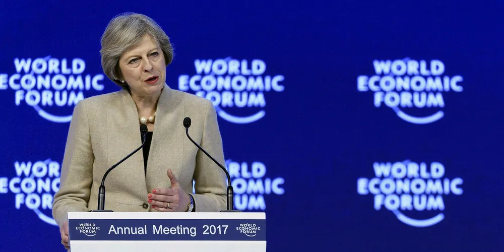 UK prime minister Theresa May speaking at the World Economic Forum annual meeting in Davos, Switzerland, on 19 January