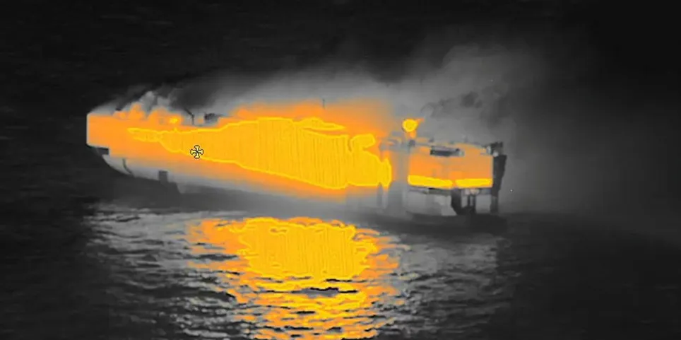 A thermal imaging photograph shows the fire on the Panamanian-registered Fremantle Highway, off the northern Dutch island of Ameland.