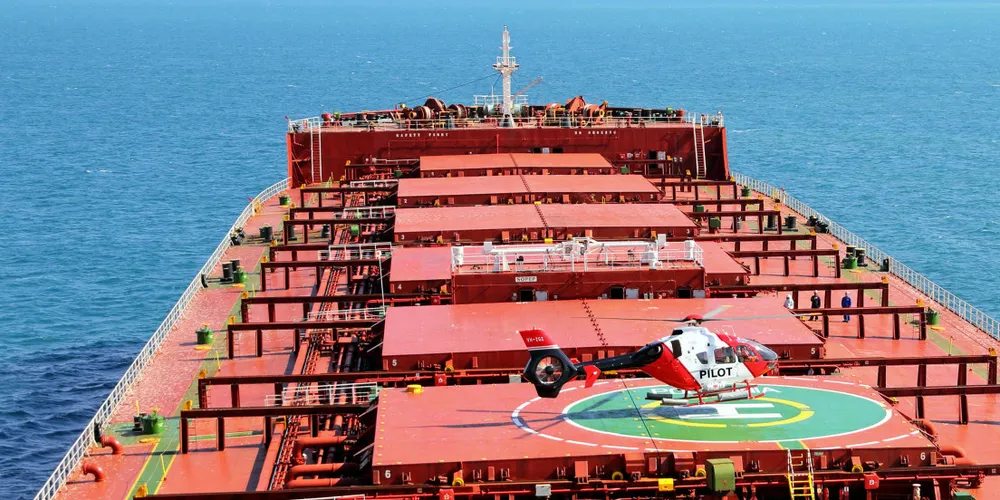A pilot is delivered to the 176,000-dwt Polymnia (built 2011) off Port Hedland, Western Australia, in 2018. The capesize bulker is controlled by Centrofin.