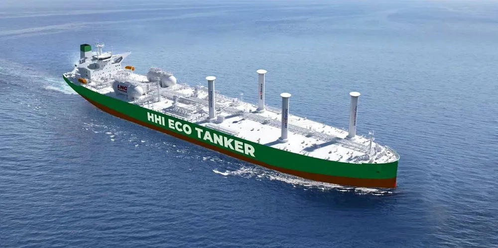 Major shipyards are looking at adding sails to new ship designs. Here is Hyundai Heavy's eco-VLCC with wind power units.