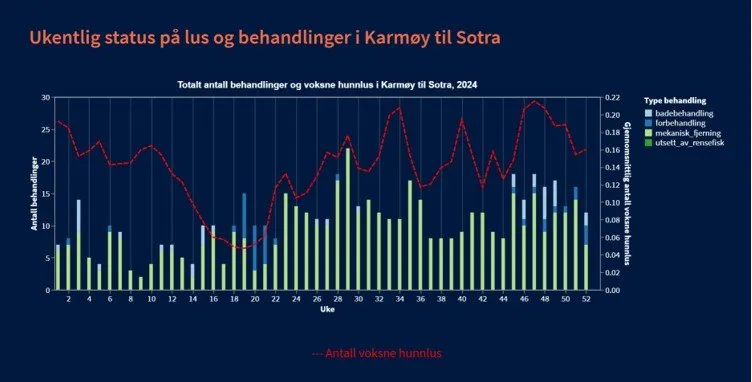 Figur 2, fra lusedata.no. Ukentlig status på lus og behandlinger i PO3 gjennom 2024.