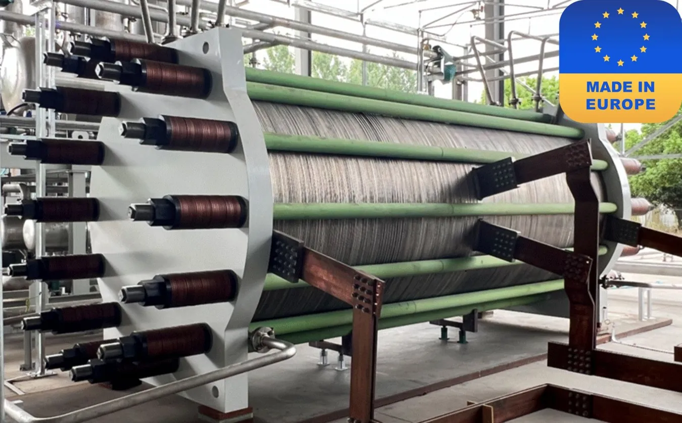 An image of an electrolyser stack posted by RCT GH Hydrogen on LinkedIn, along with a 'Made in Europe' sticker.