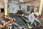 Norsk laks i sør-afrikansk supermarked, hos supermarkedkjeden Pick n’save midt i Cape Town. 100 rand tilsvarer ca. 58 norske kroner. Den ansatte sier at de selger laksen for det meste i ferdige porsjonsstykker, det vil si at et porsjonsstykke er dyrere enn en hel fisk.