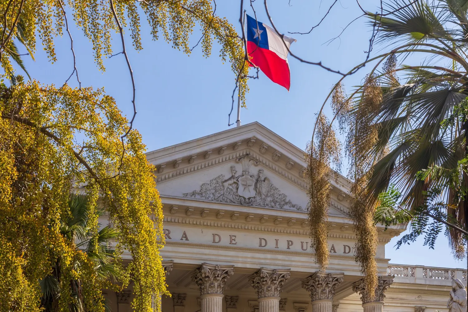 The Chilean flag flying above the Chamber of Deputies in Santiago.