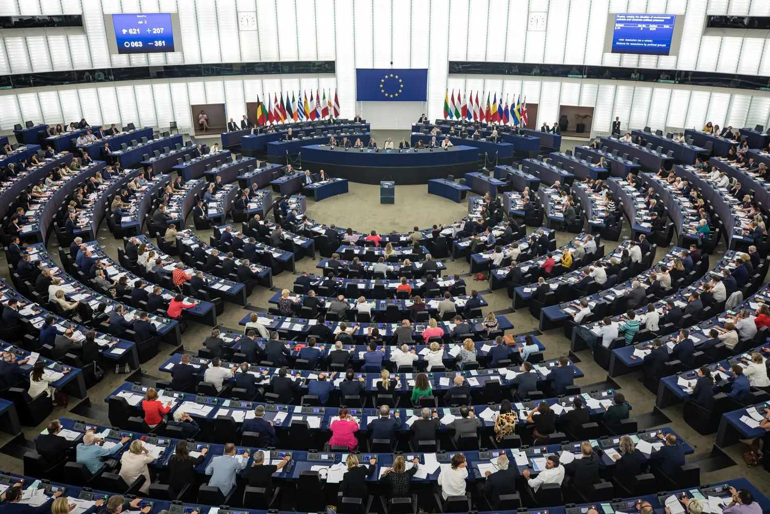 The plenary room at the European Parliament in Strasbourg, where Members of the European Parliament voted for the directive extension.