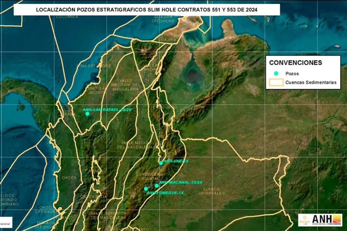 Map of northwest Colombia showing the locations of natural hydrogen wells. 'Cuencas Sedimentarias' means 'sedimentary basins', and 'pozos' means 'wells'.