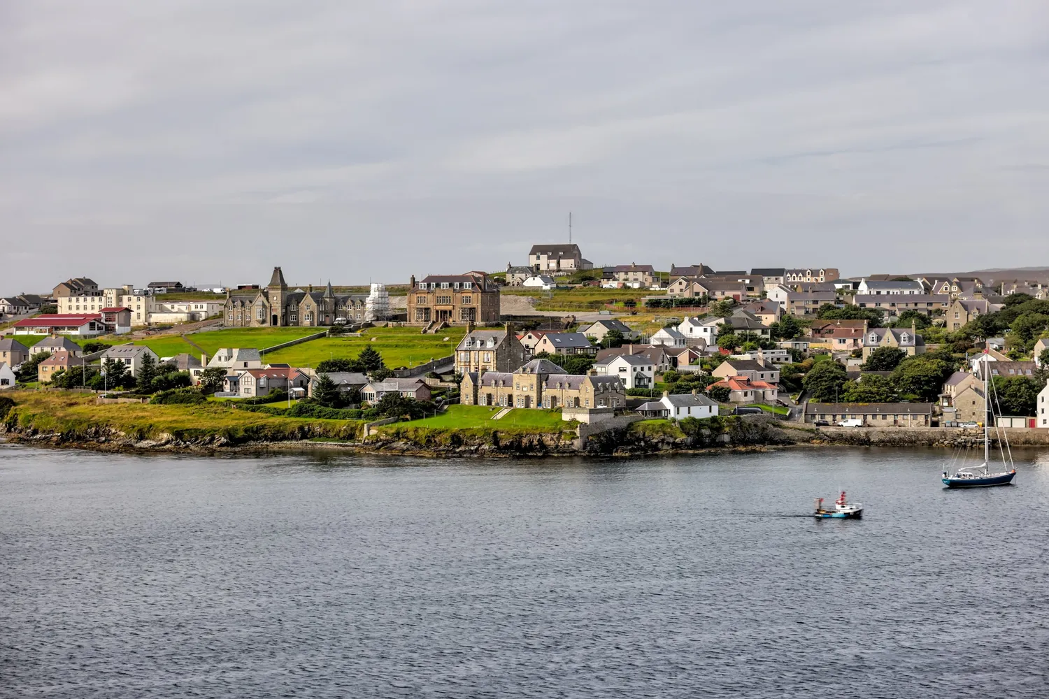 Buildings along the shoreline of the port town of Lerwick on the Shetland islands