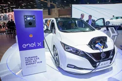 Enel X's vehicle-to-grid (V2G) technology on display at the São Paulo international motor show in 2018.