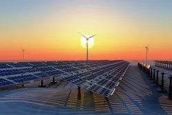 A illustration of solar panels and wind turbines in the desert.